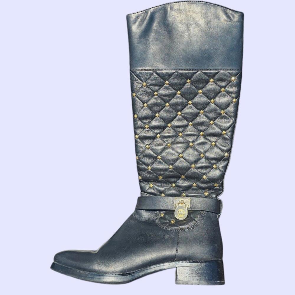 Michael Kors 8.5 Quilted Gold Studded Black Leather Knee Hight Boots